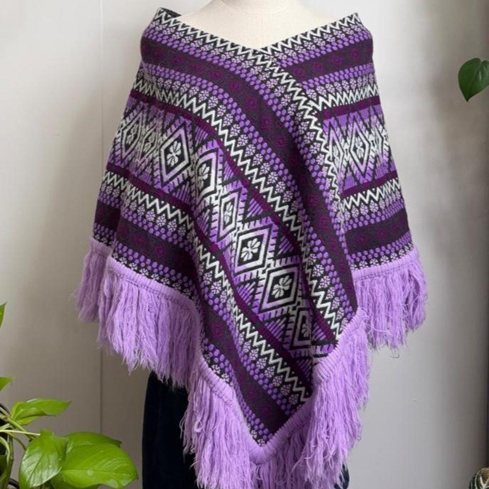 Vintage 1970s Guatemalan Poncho Purple White Geometric Fringe Festival One Size